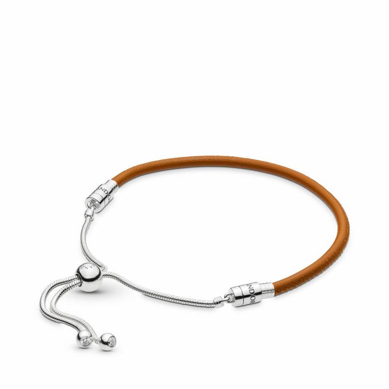 Pandora Sliding Golden Tan Leather Bracelet NZ, Sterling Silver (129478-GJF)